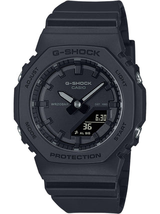 Front view of Casio Oak Tone On Tone Serie GMA-P2100BB-1AER Black Plastic Womens Watch on white background