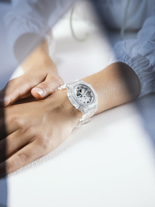 Angle shot of Casio G-Shock GMA-S2100SK-7AER White Resin Mens Watch on white background