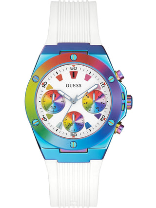 Front view of Guess Athena GW0030L6 White Silicone Womens Watch on white background