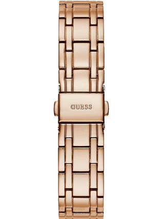 Angle shot of Guess line Diamonds GW0114L3 White Dial Rose Gold Stainless Steel Womens Watch on white background