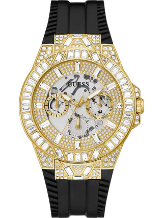 Front view of Guess GW0498G2 Gold Dial Black Silicone Unisex Watch on white background