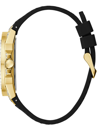 Angle shot of Guess GW0498G2 Gold Dial Black Silicone Unisex Watch on white background