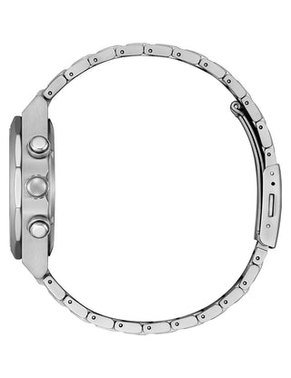 Angle shot of Citizen Chronograph CA4690-51A White Dial Silver Titanium Unisex Watch on white background