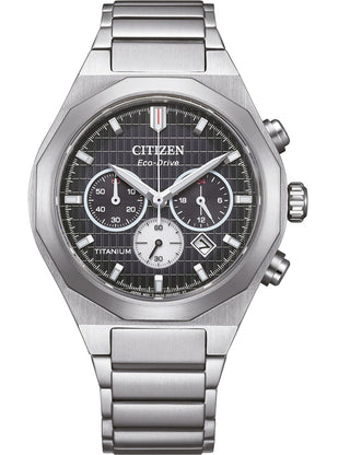 Front view of Citizen Chronograph CA4690-51E Black Dial Silver Titanium Unisex Watch on white background