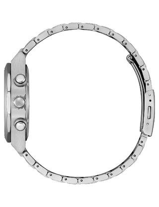 Angle shot of Citizen Chronograph CA4690-51E Black Dial Silver Titanium Unisex Watch on white background