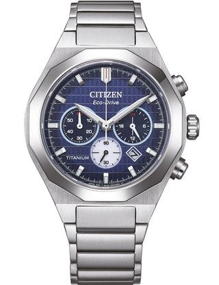Front view of Citizen Chronograph CA4691-59L Blue Dial Silver Titanium Unisex Watch on white background