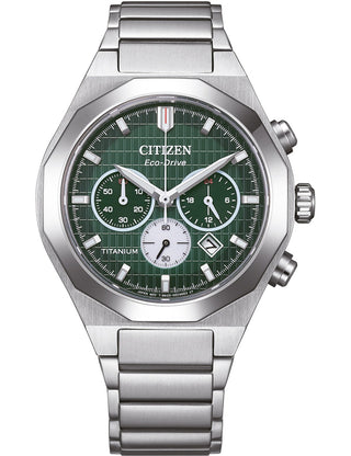 Front view of Citizen Chronograph CA4691-59X Green Dial Silver Titanium Unisex Watch on white background
