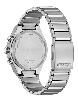 Angle shot of Citizen Chronograph CA4691-59X Green Dial Silver Titanium Unisex Watch on white background