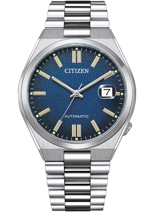 Front view of Citizen Tsuyosa Automatic Blue NJ0151-88L Blue Dial Silver Stainless Steel Unisex Watch on white background