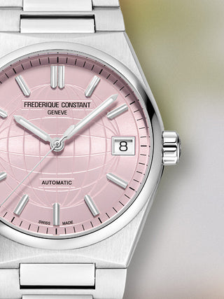 Angle shot of Frederique Constant FC-303LP2NH6B Pink Dial Silver Stainless Steel Womens Watch on white background