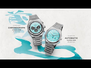 Angle shot of Citizen Chronograph CA4610-85M Silver Titanium Unisex Watch on white background