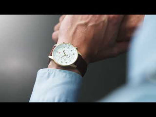Angle shot of Swiss Military By Chrono Chronograph SM34012.12 Black Dial Gold Stainless Steel Unisex Watch on white background