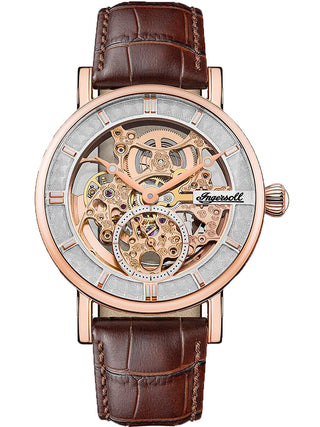 Angle shot of Ingersoll 1892 I00401B Rose Gold Dial Brown Leather Unisex Watch on white background