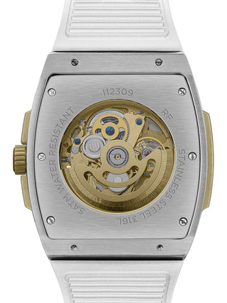 Angle shot of Ingersoll 1892 I12309 Gold Dial White Silicone Unisex Watch on white background