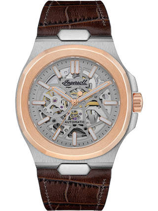 Angle shot of Ingersoll 1892 I12503 Silver Dial Brown Leather Unisex Watch on white background