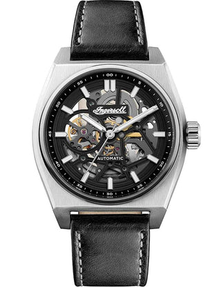 Front view of Ingersoll 1892 I14301 Black Dial Silver Leather Unisex Watch on white background