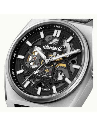 Angle shot of Ingersoll 1892 I14301 Black Dial Silver Leather Unisex Watch on white background