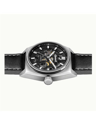 Angle shot of Ingersoll 1892 I14301 Black Dial Silver Leather Unisex Watch on white background