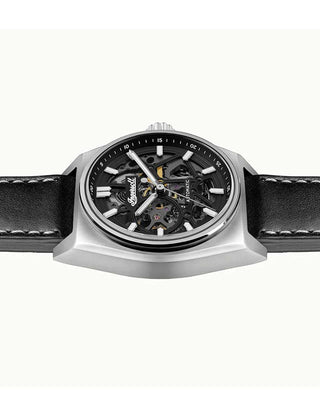 Angle shot of Ingersoll 1892 I14301 Black Dial Silver Leather Unisex Watch on white background
