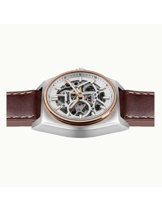 Angle shot of Ingersoll 1892 I14302 Silver Dial Brown Leather Unisex Watch on white background