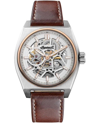 Front view of Ingersoll 1892 I14302 Silver Dial Brown Leather Unisex Watch on white background