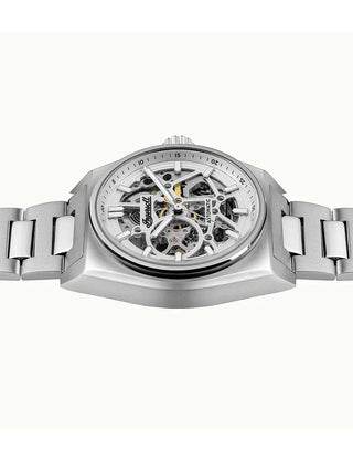 Angle shot of Ingersoll 1892 I14303 Silver Dial Black Stainless Steel Unisex Watch on white background