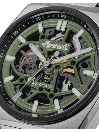 Angle shot of Ingersoll 1892 I14304 Green Dial Silver Stainless Steel Unisex Watch on white background