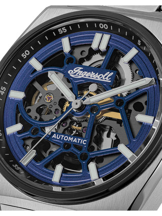 Angle shot of Ingersoll 1892 I14305 Blue Dial Silver Stainless Steel Unisex Watch on white background