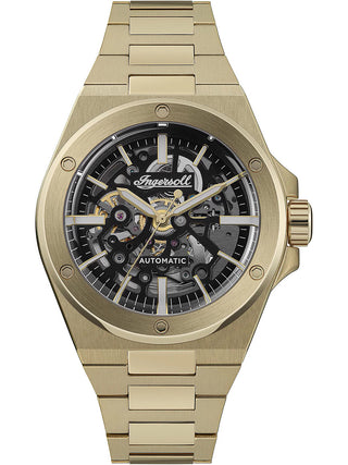 Front view of Ingersoll 1892 I15001 Black Dial Gold Stainless Steel Unisex Watch on white background