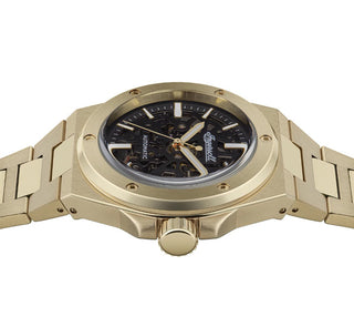 Angle shot of Ingersoll 1892 I15001 Black Dial Gold Stainless Steel Unisex Watch on white background
