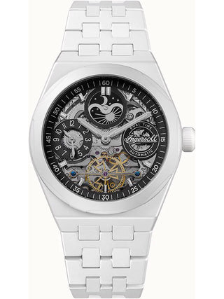 Front view of Ingersoll 1892 I15101 Black Dial White Strap Unisex Watch on white background