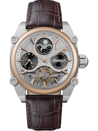 Front view of Ingersoll 1892 I15401 Silver Dial Brown Leather Unisex Watch on white background