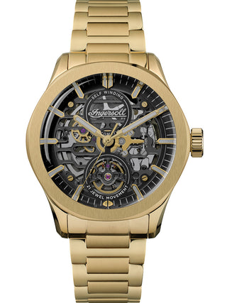 Front view of Ingersoll 1892 I16702 Black Dial Gold Stainless Steel Unisex Watch on white background