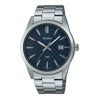 Front view of Casio Collection MTP-VD03D-2A Blue Dial Grey Stainless Steel Mens Watch on white background