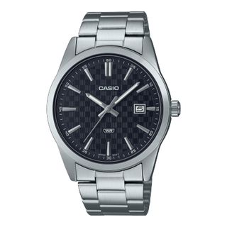 Front view of Casio Collection MTP-VD03D-1A Black Dial Grey Stainless Steel Mens Watch on white background