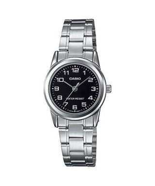 Front view of Casio Collection LTP-V001D-1B Black Dial Grey Stainless Steel Womens Watch on white background