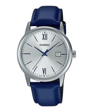 Front view of Casio Collection MTP-V002L-2B3 Grey Dial Blue Leather Mens Watch on white background