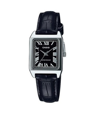 Front view of Casio Collection LTP-V007L-1B Black Leather Womens Watch on white background