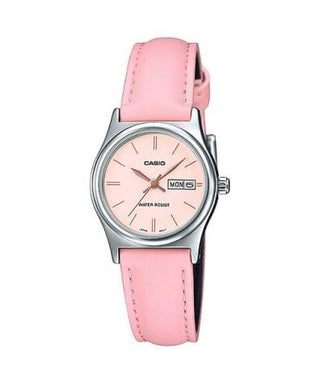 Front view of Casio Collection LTP-V006L-4B Pink Leather Womens Watch on white background