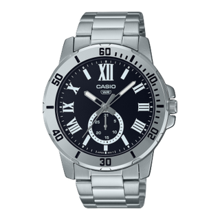 Front view of Casio Collection MTP-VD200D-1B Black Dial Grey Stainless Steel Mens Watch on white background