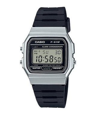 Front view of Casio Retro Vintage F-91WM-7A Black Resin Unisex Watch on white background