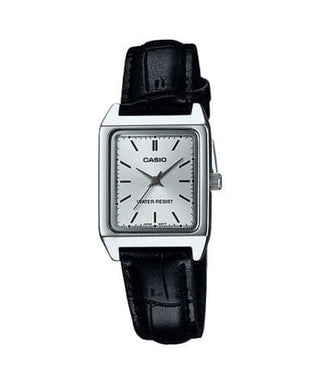 Front view of Casio Collection LTP-V007L-7E1 Grey Dial Black Leather Womens Watch on white background