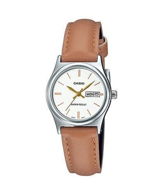 Front view of Casio Collection LTP-V006L-7B2 White Dial Brown Leather Womens Watch on white background