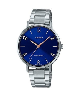 Front view of Casio Collection LTP-VT01D-2B2 Blue Dial Grey Stainless Steel Womens Watch on white background