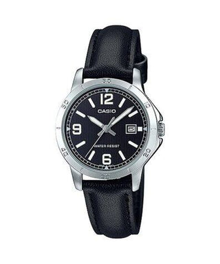 Front view of Casio Collection LTP-V004L-1B Black Leather Womens Watch on white background