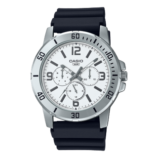 Front view of Casio Collection MTP-VD300-7B White Dial Black Rubber Mens Watch on white background