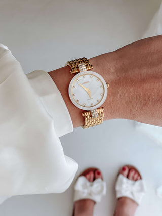 Angle shot of Jowissa J5.774.M White Dial Rose Gold Stainless Steel Womens Watch on white background