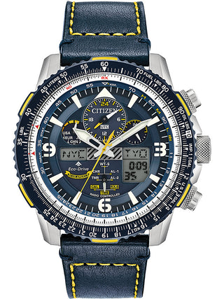 Front view of Citizen Chronograph JY8078-01L Blue Leather Unisex Watch on white background