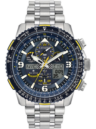 Front view of Citizen Radiocontrolled Blue Angels Chronograph JY8078-52L Blue Dial Silver Stainless Steel Unisex Watch on white background