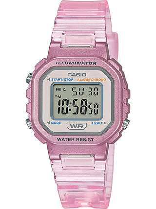 Front view of Casio Retro Vintage LA-20WHS-4AEF Pink Resin Womens Watch on white background